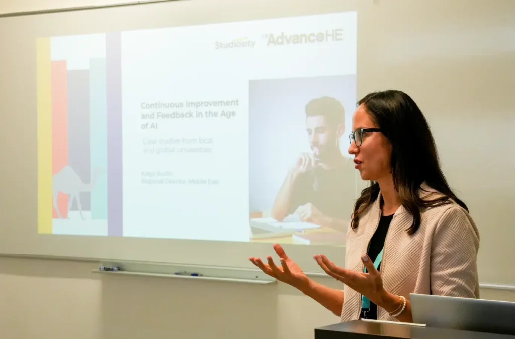a woman presenting at a lectern