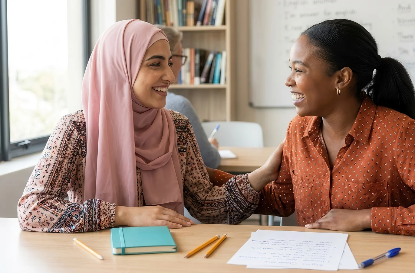 Young Black and Middle Eastern women students chatting happily during a lesson