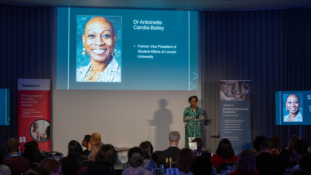 Advance HE EDI Conference 2025, keynote speaker on stage in front of audience