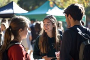 Three students at a university fair on campus