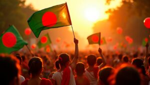 A vibrant scene of the Independence Day celebrations in Bangladesh. The sky is filled with green and red balloons, and children are holding the national flag of Bangladesh