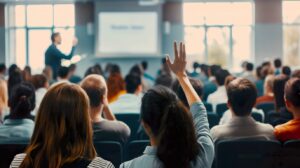A lecture hall of students watching the lecturer at the front of class teach a lesson