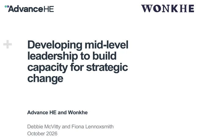Cover of the 2026 Advance HE and Wonkhe report on strategic leadership in higher education.