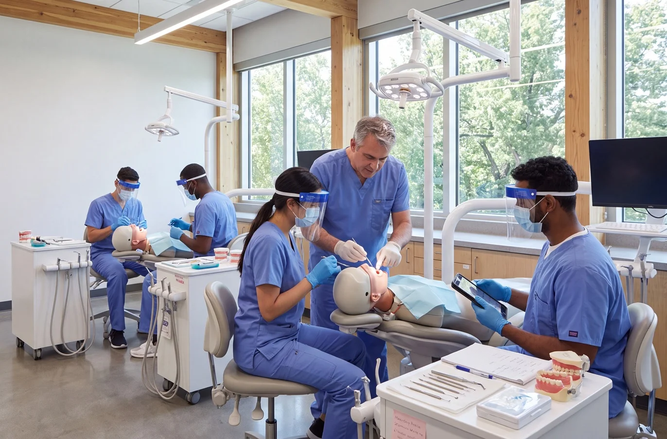 Dental students practicing oral procedures on mannequin heads in a clinic