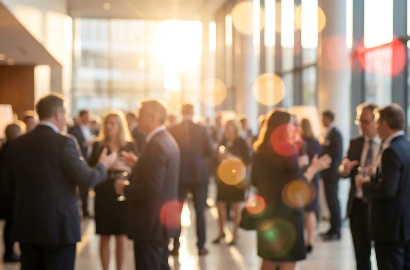 Blurred professionals are actively networking and conversing in a sun-drenched, spacious modern lobby during an event.